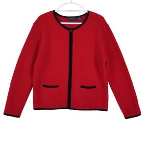 Bridgetown Collection Cardigan Women Large Red 100% Wool Zip Front Contrast Trim